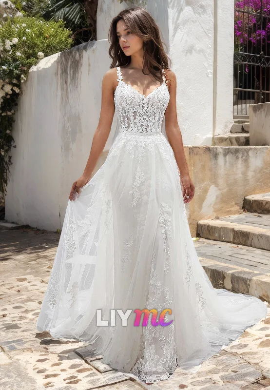 LW328 - Spaghetti Straps Lace Appliques Detachable Skirt Mermaid Wedding Dress