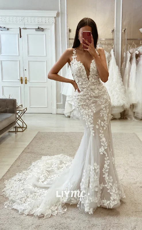 LW360 - Plunging V Neck Lace Appliques Mermaid Wedding Dress