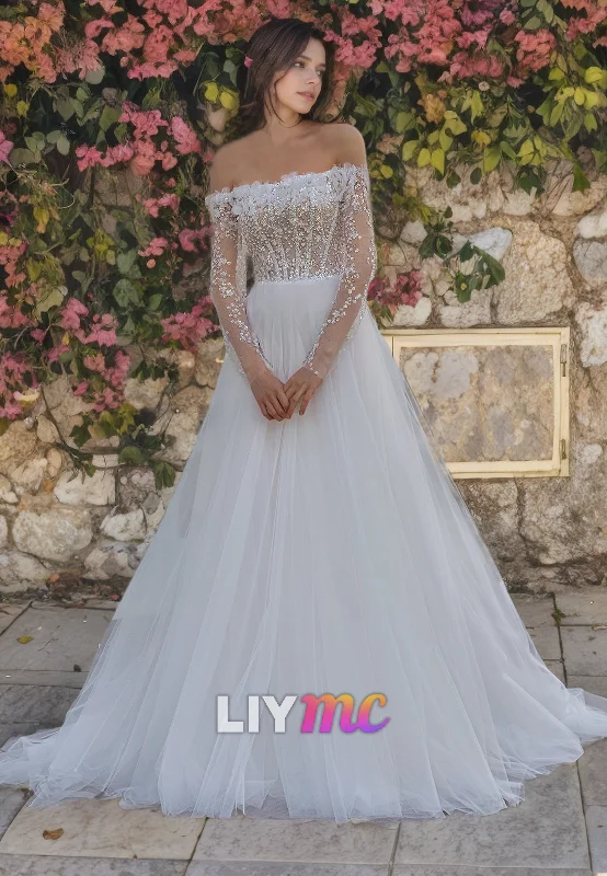 LW090 - A Line Off Shoulder Long Sleeves Appliqued Sequins Tulle Long Wedding Dress