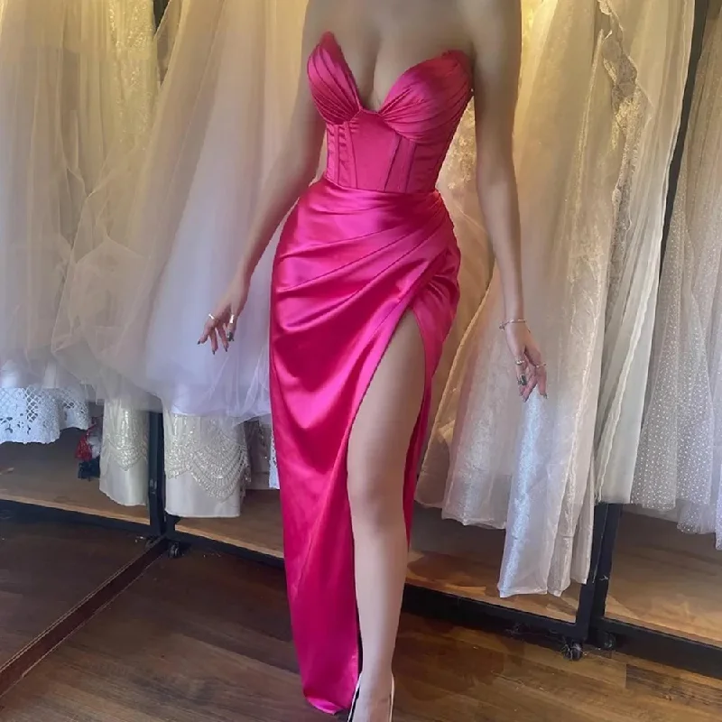 Fuchsia Charming Evening Gowns Exposed Boning Split Women Formal Prom Party Gowns Satin Met Gala Night Maxi Outfits