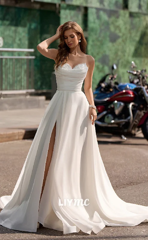 LW156 - A Line Illusion Scoop Beaded Pleated Chiffon Long Wedding Dress With Slit