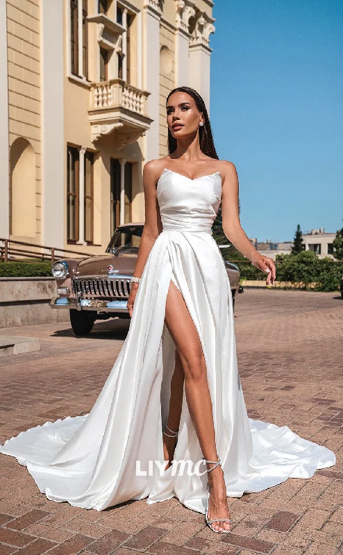 LW160 - A Line Strapless V Neck Pleated Satin Long Wedding Dress With Slit