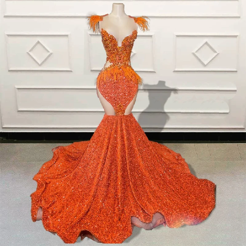 Luxury Orange Mermaid Long Prom Dresses for Birthday Party Sparkly Sequin Feathers Women Custom Formal Evening Gowns