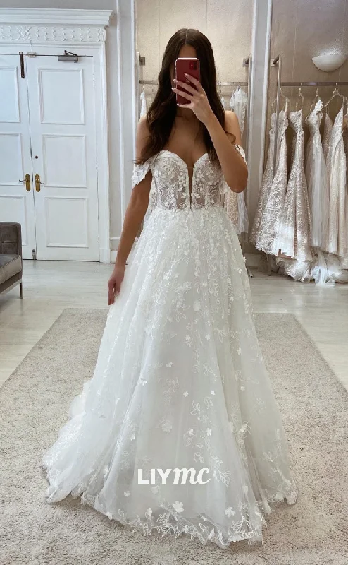 LW358 - A Line Illusion V neck Romantic Lace Wedding Dress