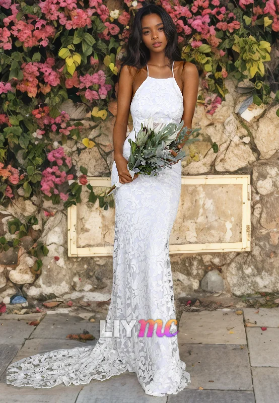 LW063 - Mermaid/Trumpet Spaghetti Straps Lace Satin Long Wedding Dress