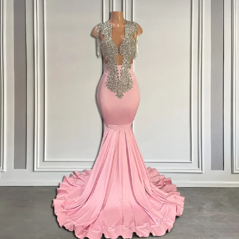 Luxury Diamond Long Pink Prom Dresses 2024 with Tassel Black Girl Sheer O Neck Beaded Mermaid Prom Gala Gowns