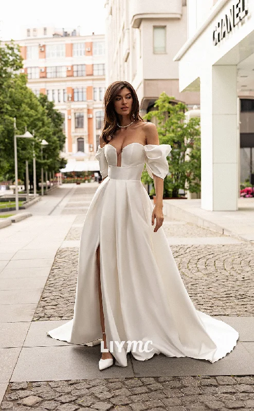 LW167 - Illusion Off Shoulder Pleated Satin A Line Long Wedding Dress With Slit