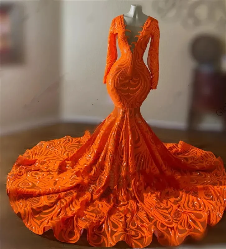 Luxury Orange O Neck Long Prom Dress For Black Girls Appliques Birthday Party Gown Mermaid Celebrity Dresses Robe De Soir