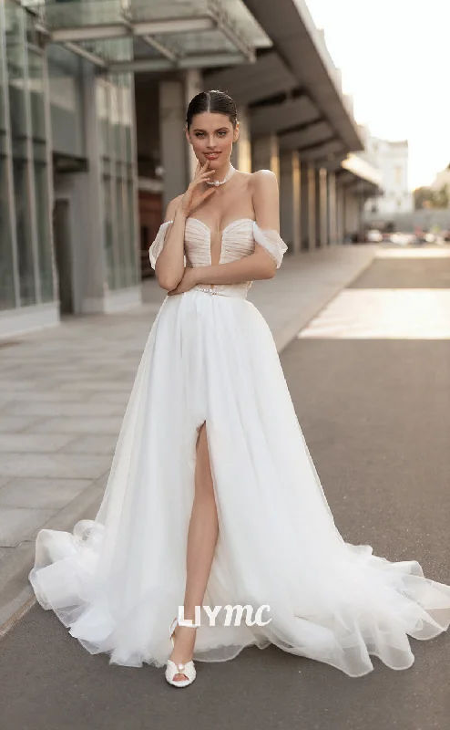 LW149 - A Line Off Shoulder Beaded Pleated Tulle Long Wedding Dress With Slit