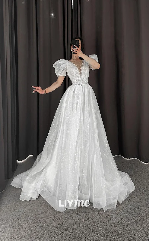 LW176 - Illusion Low V Neck Short Sleeves Sparkly Tulle A Line Long Wedding Dress