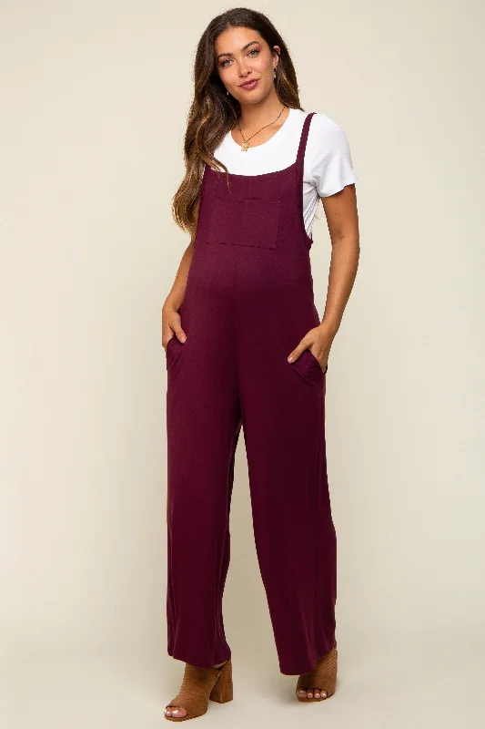 Burgundy Sleeveless Pocketed Wide Leg Maternity Jumpsuit