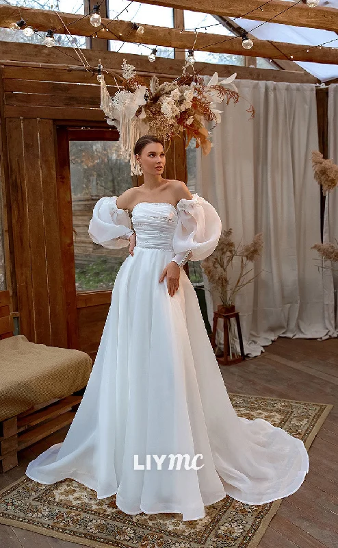 LW143 - A Line Strapless Pleated Tulle Long Wedding Dress With Removable Sleeves