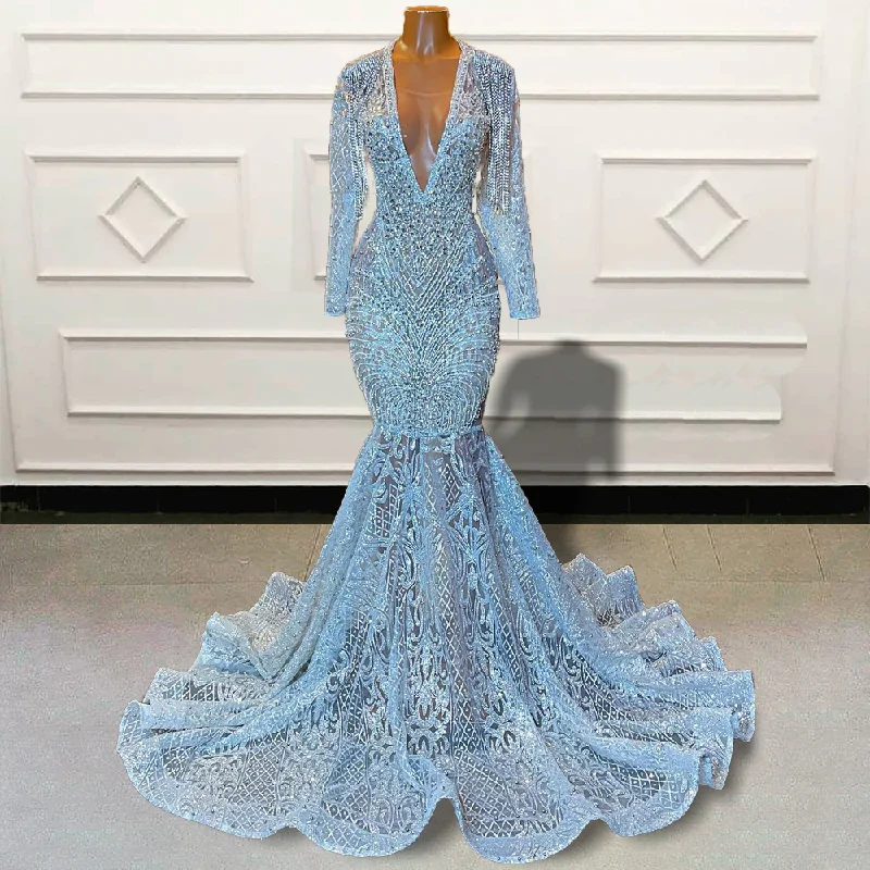 Luxury Black Girl Mermaid Long Prom Dresses Sparkly Sequined Beaded Full Sleeves V Neck Women Custom Formal Evening Gown