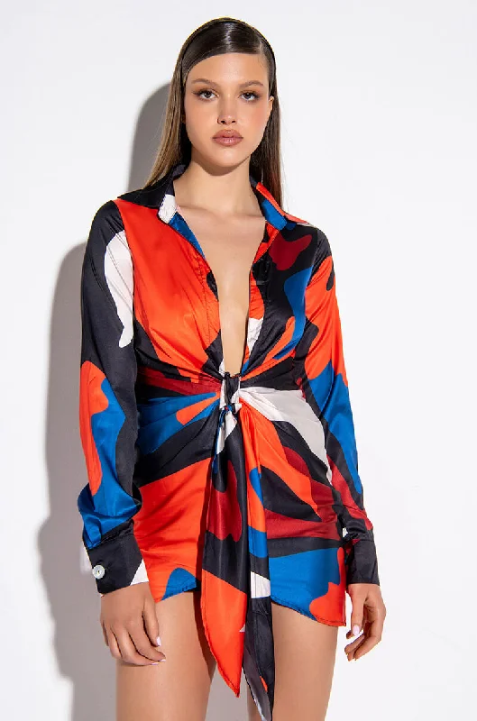 ABSTRACT SATIN SHIRT DRESS