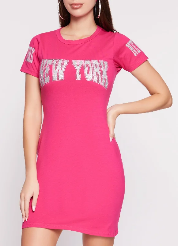 New York Glitter Graphic T Shirt Dress