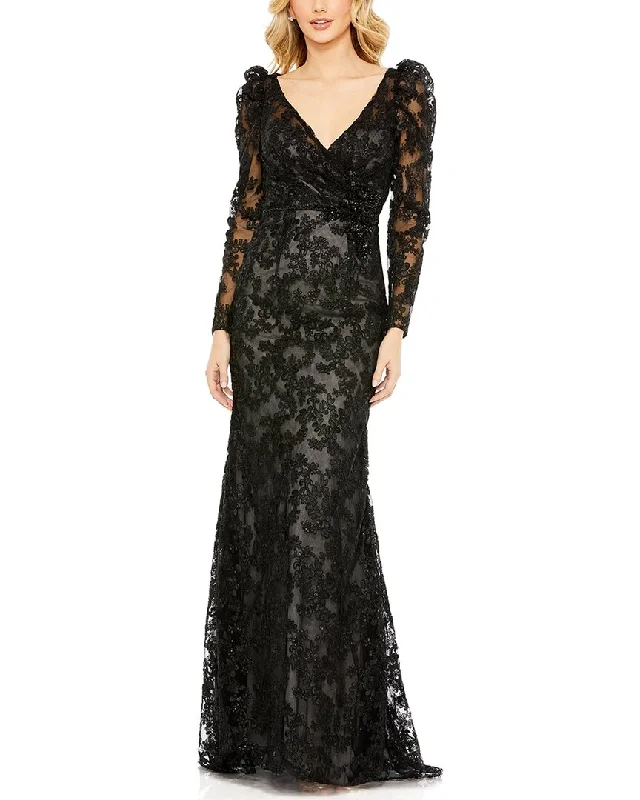 Mac Duggal Embroidered Lace Puff Sleeve Wrap Over Gown