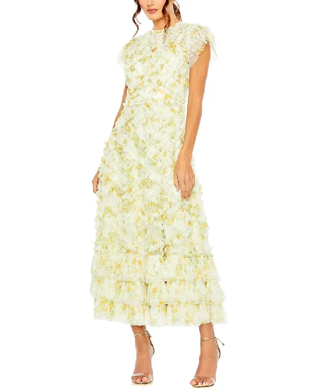 Mac Duggal High Neck Ruffle Cap Sleeve Floral Dress