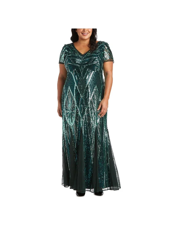 Plus Womens Sequined Full-Length Evening Dress