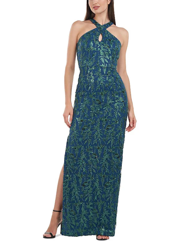 Rita Womens Mesh Embroidered Evening Dress