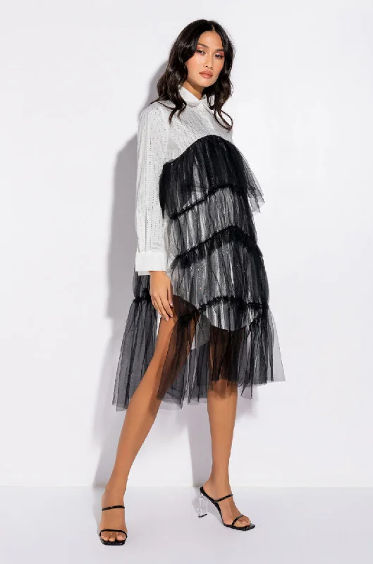 SHINE ON TULLE SHIRT DRESS WITH RHINESTONE PIN STRIPE