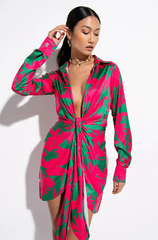 VACAY VIBES PRINTED SATIN SHIRT DRESS