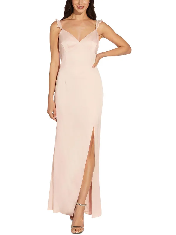 Womens Crepe Ruffled Evening Dress