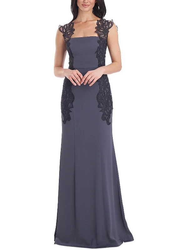 Womens Lace Trim Embroidered Evening Dress