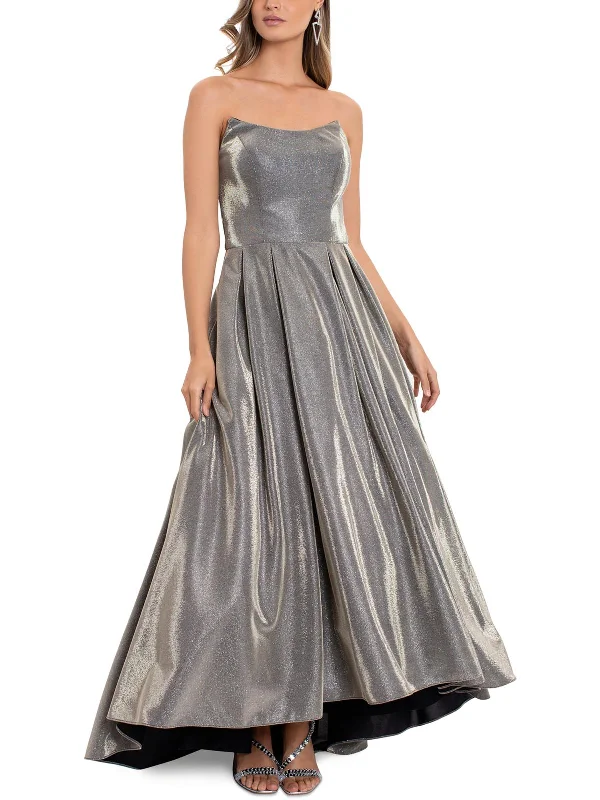 Womens Metallic Hi-Low Evening Dress