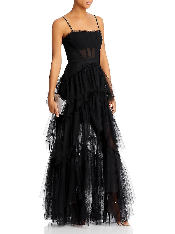 Womens Tiered Illusion Evening Dress