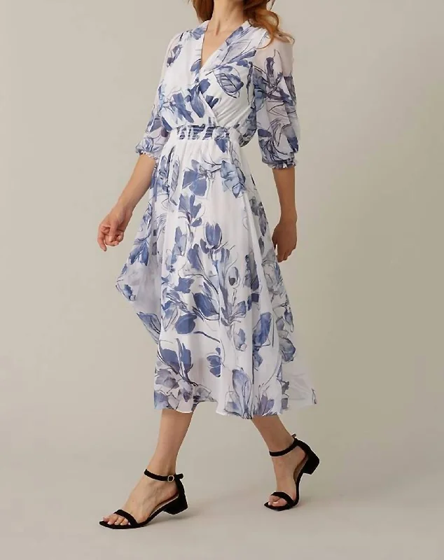 Wrap Front Floral Dress In Blue/Vanilla