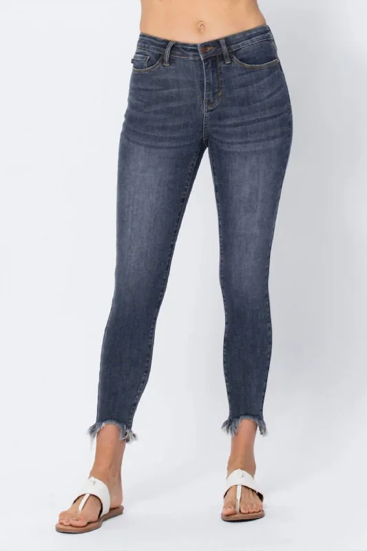 Mid-Rise Shark Bite Hem Skinny Jeans In Dark Blue