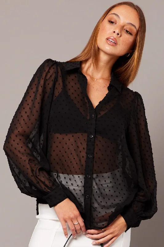 Black Shirt Long Sleeve Self Dot