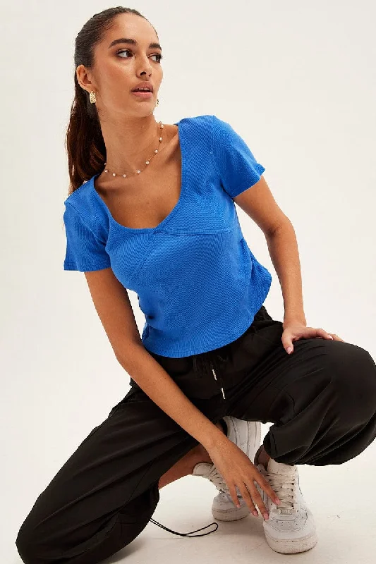 Blue T Shirt Short Sleeve V Neck