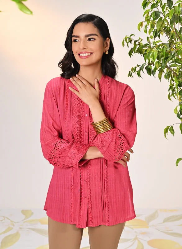 Kahkashan Watermelon Red Embroidered Shirt for Women