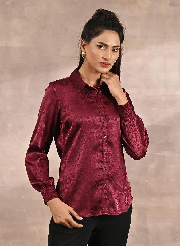 Maroon Aztec Printed Satin Shirt with Gathered Sleeves