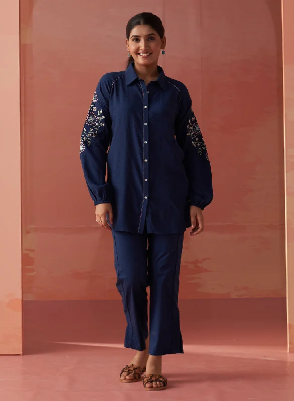 Mayal Navy Blue Embroidered Cotton Linen Shirt for Women