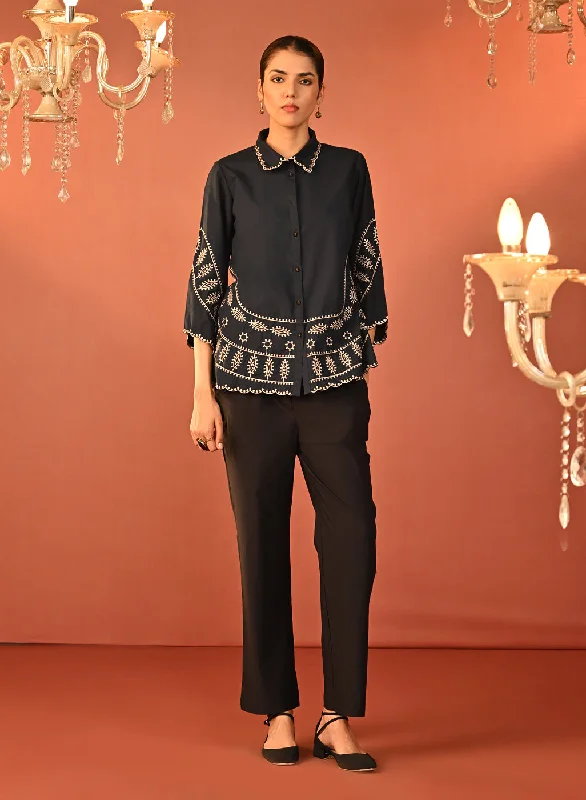 Rubab Navy Blue Embroidered Cotton Shirt for Women