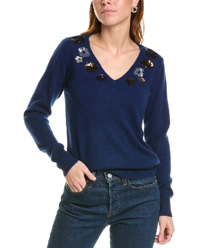 sofiacashmere Sequin Embellished V-Neck Cashmere Sweater