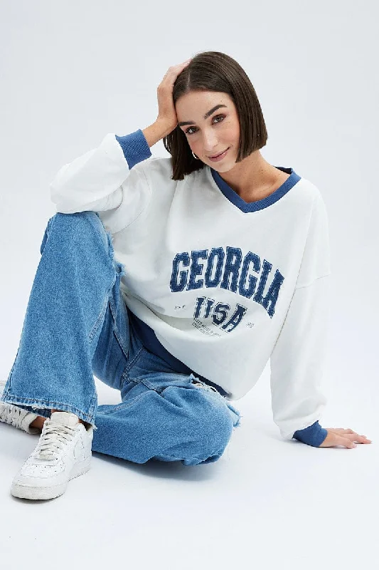 White Sweat Shirt Long Sleeve V-Neck Georgia Terry