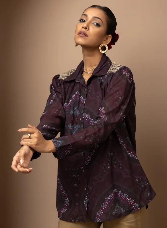 Wine Chiffon Shirt with Zari Embroidery