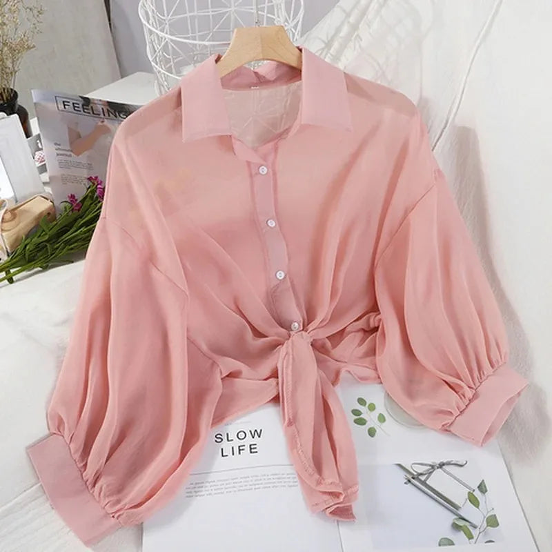 Women's Chiffon Tank Shirt Fashion Designer Half Long-Sleeve Tops (Plus Size)