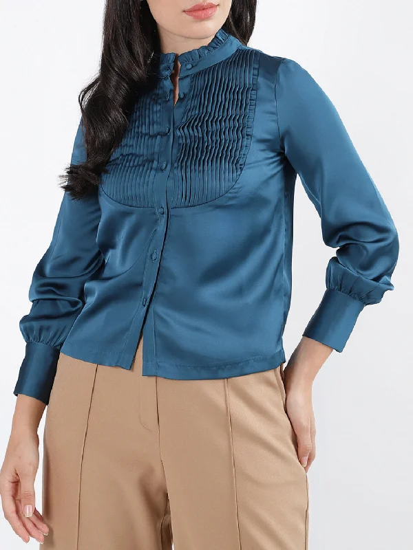 Centre Stage Women Solid Mandarin Collar Full Sleeves Top