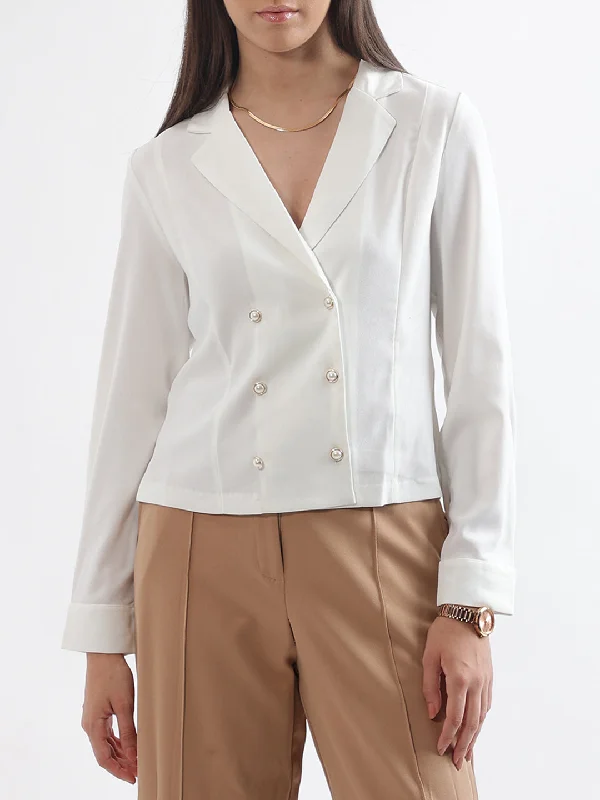 Centre Stage Women Cream Solid Collar Top