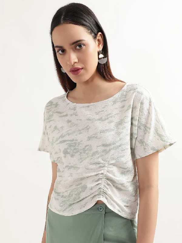 Elle Women Green Printed Round Neck Short Sleeves Top